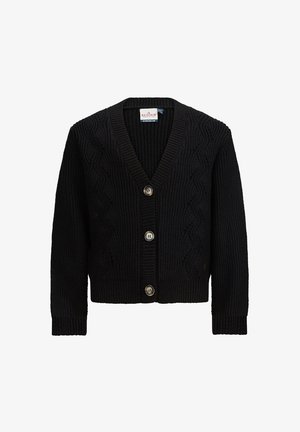 Cardigan en maille noire avec col en V, motif torsadé, poignets et ourlet côtelés, et trois gros boutons sur le devant.