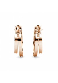 Orecchini a cerchio in oro rosa con una finitura lucida, dotati di un clasp a cerniera e un design elegante e moderno. La forma è arrotondata e liscia.