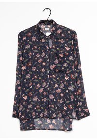Navy floral shirt with long sleeves and a button-down collar. Features multicolored floral patterns, lightweight fabric, and curved hem.