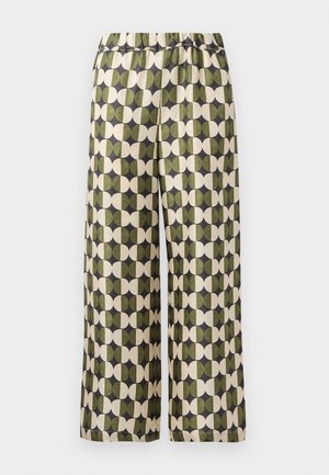 Wide-leg pants featuring a repeating geometric pattern in green and cream, crafted from smooth fabric with an elastic waistband.