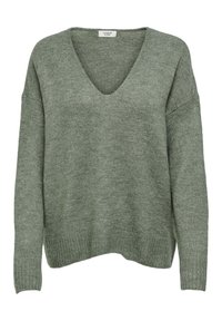 Pehmeä neulepaita hillityssä vihreässä, pitkillä hihoilla, V-pääntiellä, lasketuilla olkahihnoilla sekä resoreilla hihansuissa ja helmassa.