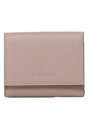 Pink leather wallet with a textured finish, featuring a fold-over design and the brand name "MIRIADA" embossed on the front.