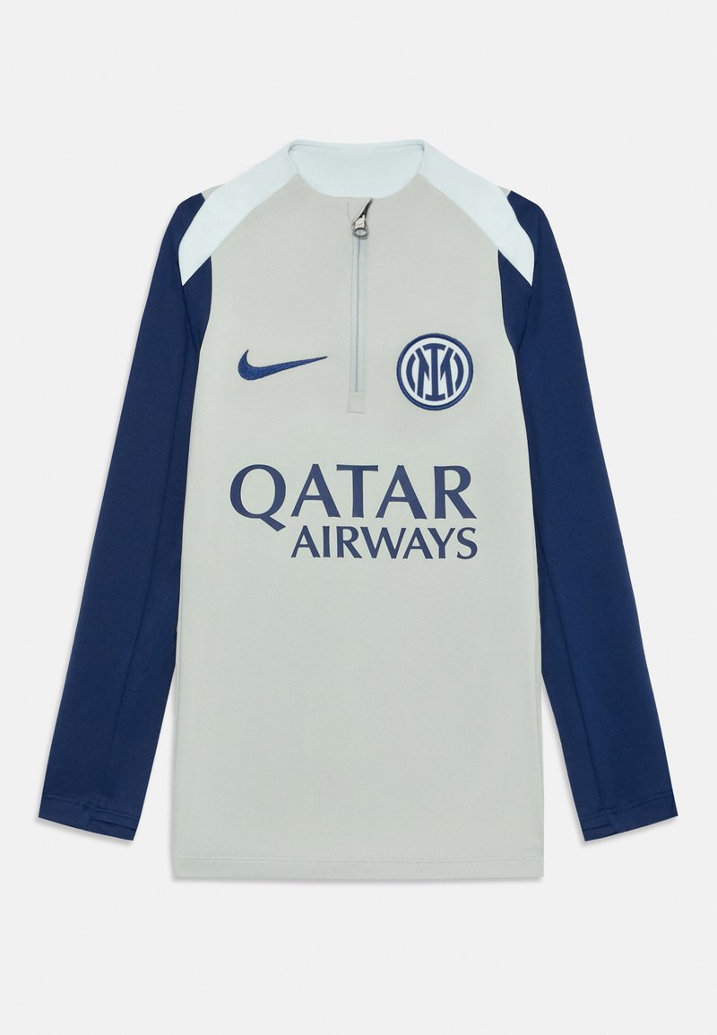Nike langermet treningstopp i lys grå med marineblå ermer, halv glidelås, med Qatar Airways-logo og Inter Milan-emblem.