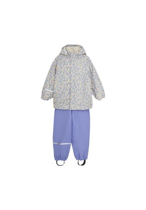 Waterproof children’s rain suit featuring a light beige jacket with blue floral print and purple pants with reflective accents.