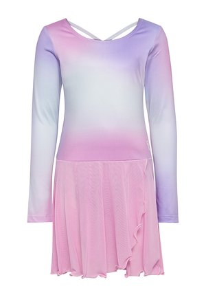 Langærmet gradientdragtkjole med lilla og lyserøde nuancer, med et net nederdel med flæsekanter og korsvende stropper på ryggen.