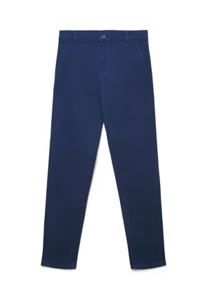 Pantaloni in cotone blu navy con vestibilità slim. Presentano una chiusura con bottone, tasche laterali e una superficie liscia. Design semplice e classico.