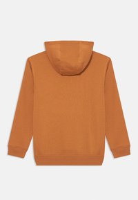 Sweatshirt com capuz numa cor laranja queimado, apresentando uma textura suave, mangas longas e punhos e bainha canelados. Parte de trás lisa, sem embelezamentos.