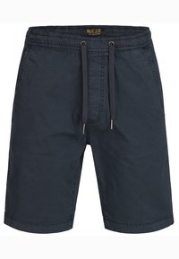 Shorts bleus marine en tissu léger et doux. Comprend une taille élastique avec cordon de serrage, deux poches latérales et une coupe décontractée.