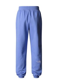 Helle blaue Sweatpants aus weichem Material, ausgestattet mit einem elastischen Bund und Bündchen, und einem kleinen weißen Logo am Unterschenkel.