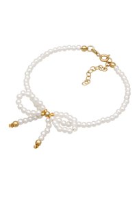 Armband aus weißen Perlen mit einem vergoldeten Verschluss und einer dekorativen Schleife aus Perlen, die mit zwei herabhängenden Perlenakzenten verziert ist.
