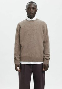 Brauner Strickpullover mit Rundhalsausschnitt, Rippbündchen an Ärmeln und Saum, getragen über einem weißen Hemd mit Kragen, kombiniert mit dunklen, plissierten Hosen.