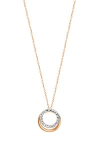 Naszyjnik z różowego złota z okrągłym wisiorkiem, który ma teksturowany srebrny pierścień oraz gładki złoty pierścień, podkreślający kontrastujące wykończenia.