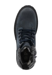 Stivaletti alla caviglia blu navy con esterno in pelle liscia e fodera in pelliccia sintetica, dotati di occhielli metallici e suola texturizzata per una migliore aderenza.