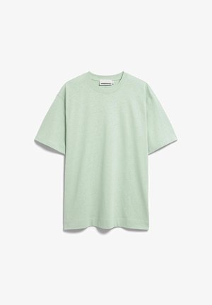 Hellgrünes Baumwoll-T-Shirt mit kurzen Ärmeln, Rundhalsausschnitt und entspannter Passform, vor weißem Hintergrund dargestellt.