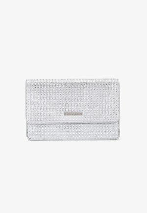 Silver clutch purse with a textured surface, adorned with shimmering rhinestones, featuring a flap closure and a brand label on the front.