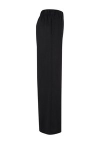 Pantalon noir à jambes larges avec taille élastique, détail de couture latérale et ourlet droit, présenté de profil sur un fond blanc.