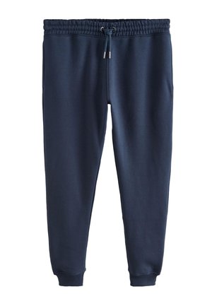Pantalones deportivos azul marino con cintura elástica y cordón ajustable. Cuentan con bolsillos laterales y puños acanalados en los tobillos. Fabricados con una tela suave.