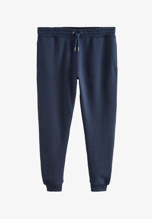 Marineblauwe joggingbroek met elastische tailleband en trekkoord. Voorzien van zijzakken en geribbelde enkelboorden. Gemaakt van zachte stof.
