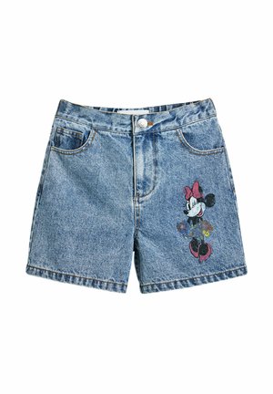 Világoskék farmer sort enyhe kopott hatással. A bal lábszáron hímzett Minnie Mouse design található virágos díszítéssel.