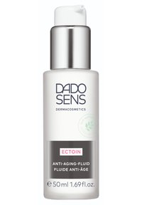 Weiße Plastikflasche mit einem silbernen Pumpspender. Besitzt blauen Text und ein grünes "natürlich"-Etikett. Größe: 50 ml, Anti-Aging-Fluid.