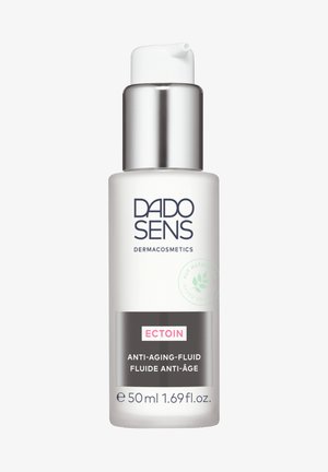 Weiße Plastikflasche mit einem silbernen Pumpspender. Besitzt blauen Text und ein grünes "natürlich"-Etikett. Größe: 50 ml, Anti-Aging-Fluid.