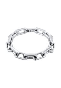 Bracelet en chaîne argentée avec des maillons allongés et une finition polie. Chaque maillon a une texture lisse et une forme uniforme.