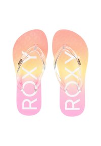 Roxy flip-flops med genomskinliga remmar, rosa och orange ombre-sulor, texturerad yta och stor vit logotryck.