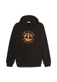 Felpa nera con logo frontale che presenta un albero arancione, la scritta "TIMBERLAND" e "SINCE 1973"; cappuccio con lacci e polsini a costine.