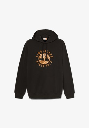 Schwarzer Hoodie mit einem Frontgrafik, die ein Baumlogo in Orange, den Schriftzug "TIMBERLAND" und den Text "SINCE 1973" zeigt; mit Kordelzugkapuze und gerippten Bündchen.