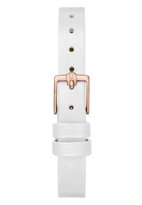 Cinturino in pelle bianca con superficie texturizzata, dotato di una fibbia in metallo rosa e di molteplici fori di regolazione.
