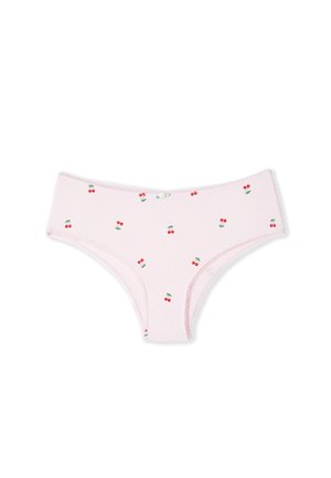 Culotte pour femmes rose clair ornée de petits imprimés de cerises rouges et d'un petit nœud au centre de la ceinture avant.