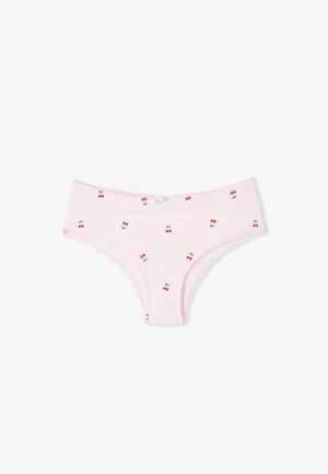 Culotte pour femmes rose clair ornée de petits imprimés de cerises rouges et d'un petit nœud au centre de la ceinture avant.
