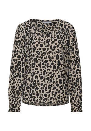 Blusa de estampado de leopardo en beige y negro, con mangas largas, un corte holgado y un escote en forma de V con detalle fruncido en los hombros.