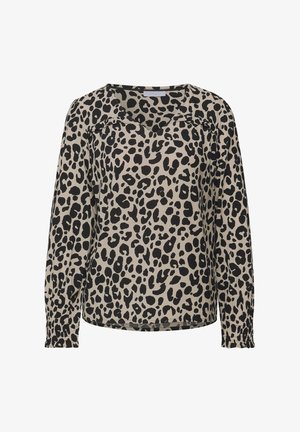 Blouse à imprimé léopard beige et noir, avec des manches longues, une coupe décontractée, et un col en V avec un détail froncé aux épaules.