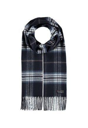 Sciarpa a quadri navy con strisce crema e blu chiaro, realizzata in materiale morbido con bordi frangiati. Include un piccolo etichetta del marchio.