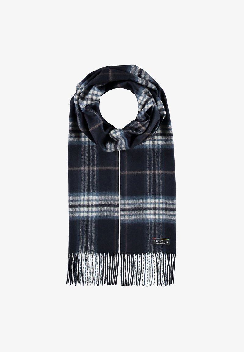 Navy plaid scarf featuring cream and light blue stripes, made of soft material with fringed edges. Includes a small brand tag.