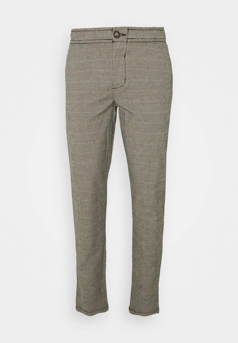 Pantalon à carreaux gris clair, coupe slim, taille avec passants pour ceinture, fermeture à un seul bouton, et texture lisse.