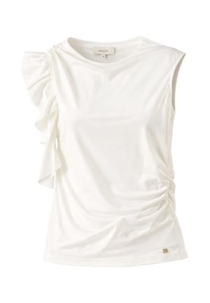 Top bianco senza maniche con scollo rotondo, dettagli arricciati sul lato destro e tessuto a volant sovrapposti sulla spalla sinistra.