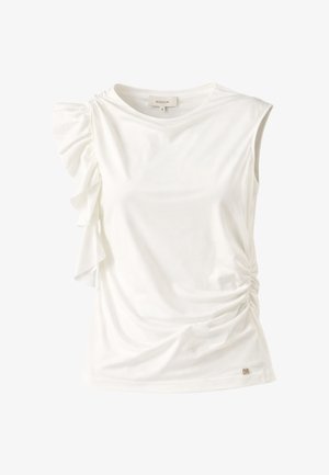 Top bianco senza maniche con scollo rotondo, dettagli arricciati sul lato destro e tessuto a volant sovrapposti sulla spalla sinistra.