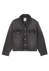 Zwarte denim jas met een kraag, sluiting met knopen aan de voorkant, borstzakken en contrasterende stiksels. Klassiek ontwerp met een ontspannen pasvorm.