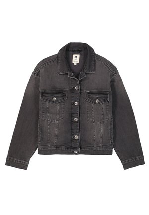 Veste en denim noir avec col, fermeture à boutons sur le devant, poches poitrine et détails de coutures contrastés. Design classique avec une coupe décontractée.