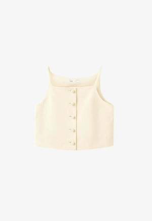 Beige cropped top med firkantet udskæring, tynde skulderstropper og fem knyttede knapper foran.