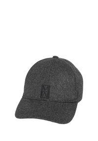 Graue Baseballmütze mit gebogenem Schirm, ausgestattet mit einem strukturierten Logo in Schwarz auf der Vorderseite. Das Material wirkt weich und robust.