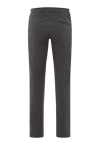 Grijze broek van een textuurstof, rechte pijpen en twee achterzakken. Voorzien van een tailleband met riemlussen en subtiele stikdetails.