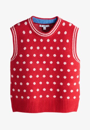 Chaleco de punto sin mangas rojo con lunares blancos, cuello y sisas a rayas, y ribete azul en el cuello interior.