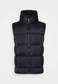 Czarna, pikowana, bezrękawnikowa kamizelka z przodu na zamek, wysokim kołnierzem, kapturem z troczkami oraz bocznymi kieszeniami na zamek.