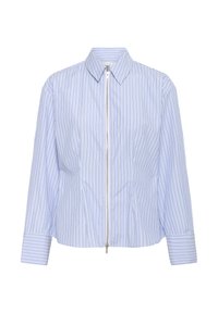 Blå og hvide stribet lynlåstrøje med spids krave, lange ærmer og struktureret design. Vandrette og lodrette striber skaber et tekstureret udseende.