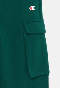 Pantalons cargo verts avec une poche latérale et un détail de logo brodé. Le tissu a une texture lisse avec une finition douce.