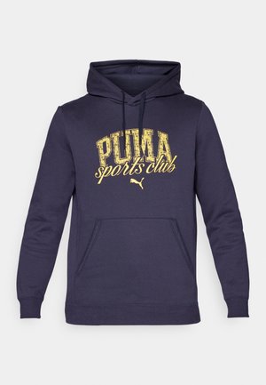 Felpa con cappuccio blu navy in cotone misto, dotata di tasca frontale a marsupio e una stampa gialla invecchiata con la scritta "PUMA sports club."
