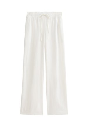 White wide-leg pants made of lightweight fabric with an elastic waistband and drawstring detail. Smooth, plain texture with no patterns.